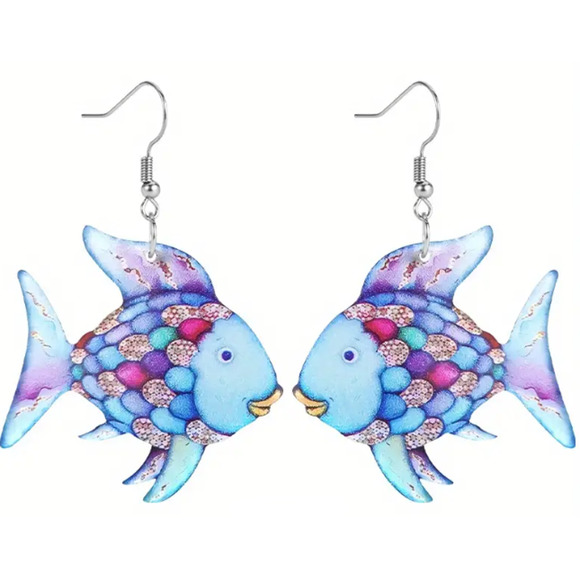Adorable Rainbow Fish Single-Sided Acrylic Euro Wire Dangel Earrings 90's - Picture 1 of 2